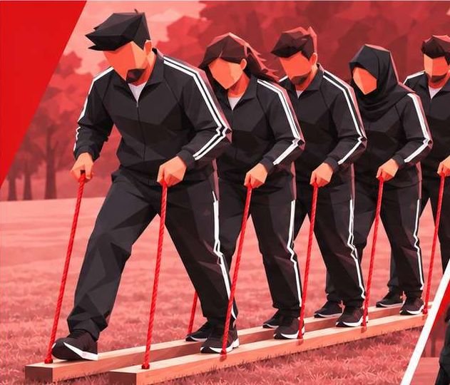 Five people walking together on two planks with ropes