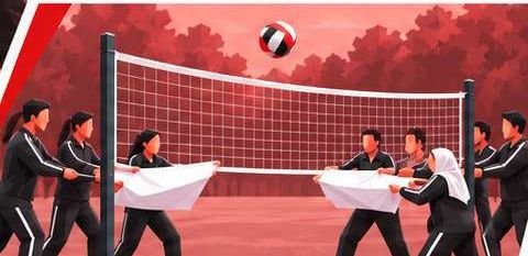 Teams using sheets to volley a ball over a net